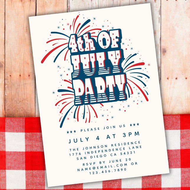 Invitación 4 de julio Fiesta de fuegos artificiales rojos, bl (Subido por el creador)