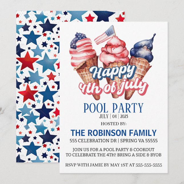 Invitación 4 De Julio Fiesta De La Piscina (Anverso / Reverso)