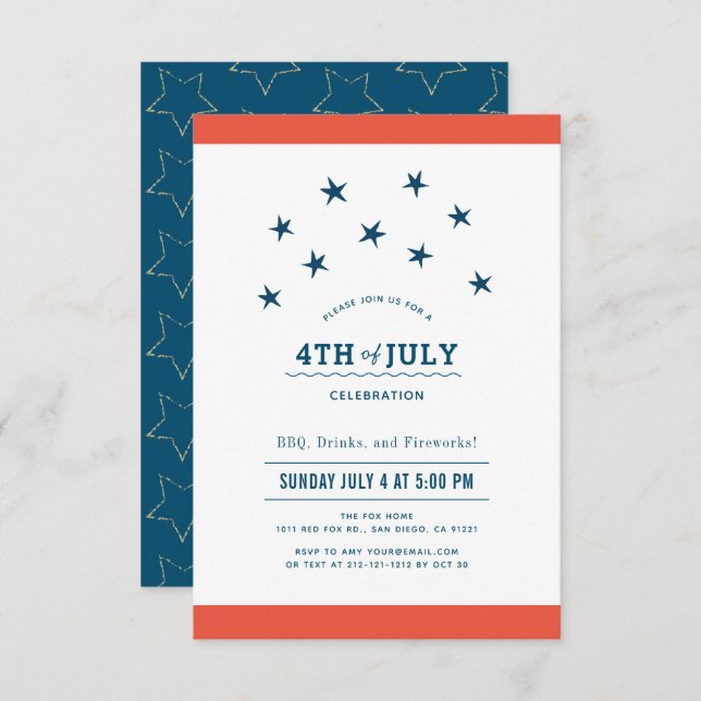Invitación 4 de julio Fiesta de las estrellas rojas y azules (Anverso / Reverso)