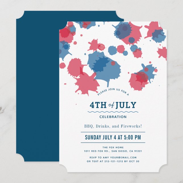 Invitación 4 de julio Fiesta de manchas rojas y azules (Anverso / Reverso)