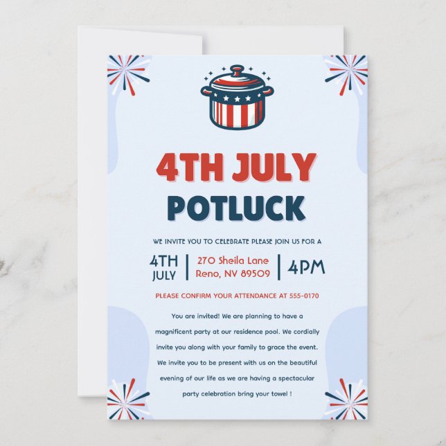 Invitación 4 de julio Fiesta de Potluck (Anverso)