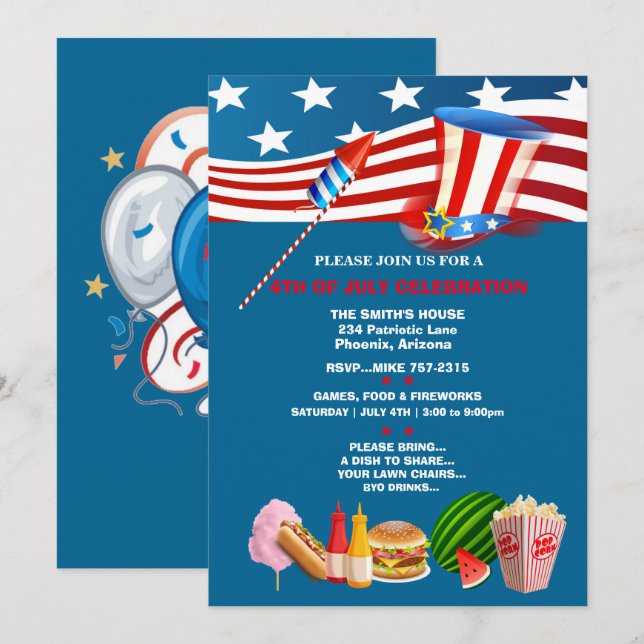 Invitación 4 de julio Fiesta Patriótico (Anverso / Reverso)