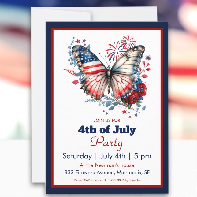 Invitación 4 de julio Fiesta patriótico de mariposas y fuegos (4th of July Patriotic Butterfly & Fireworks Party Invitation)