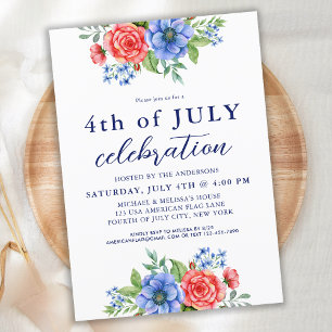 Invitación 4 De Julio Fiesta Patriótico Floral Azul Blanco Ro