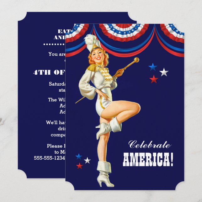 Invitación 4 de julio Fiesta | Pin-Up Retro de eventos (Anverso / Reverso)