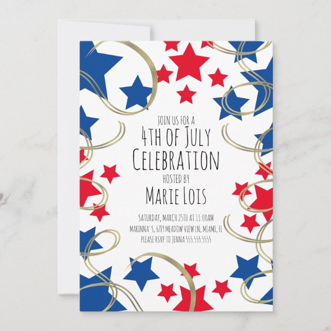 Invitación 4 de julio Fiesta Stars Faux Gold Swirls (Anverso)