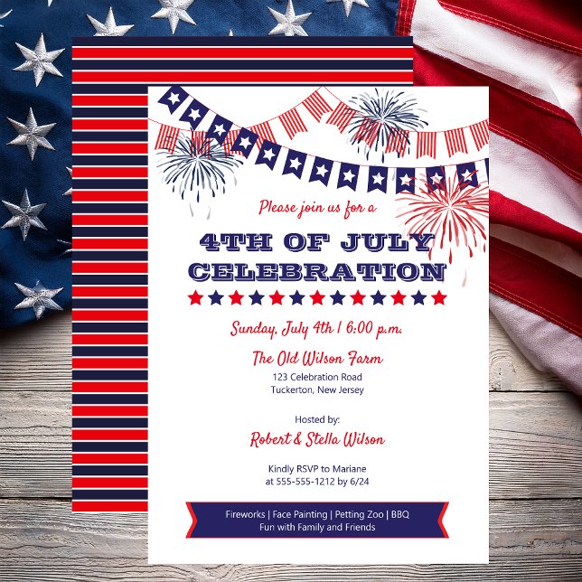Invitación 4 de julio Fuegos artificiales de celebración | Bu (4th of July Celebration Fireworks and Bunting Flags Independence Day Invitation - Print | Digital)