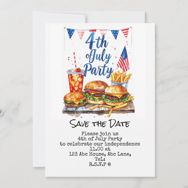 Invitación 4 de julio guarda la fecha Fiesta del Día de la In (Anverso)
