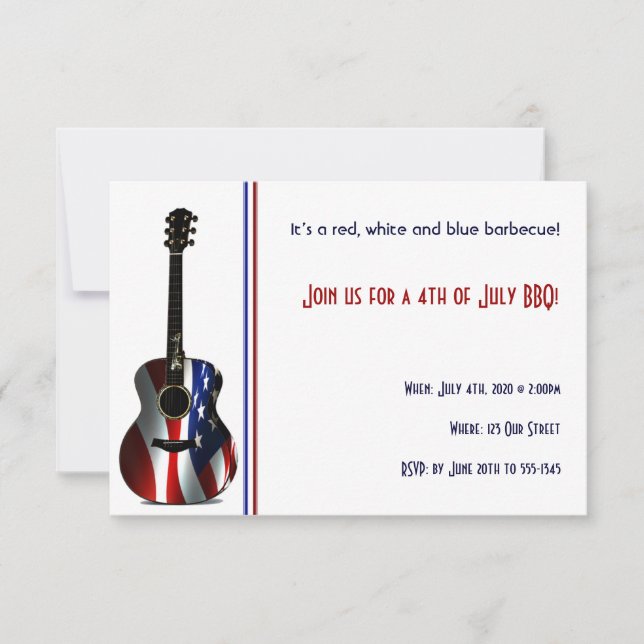 Invitación 4 de julio Guitarra con Bandera Patriótica (Anverso)