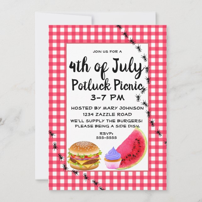 Invitación 4 de julio: Hormigas de sandía picnicas (Anverso)
