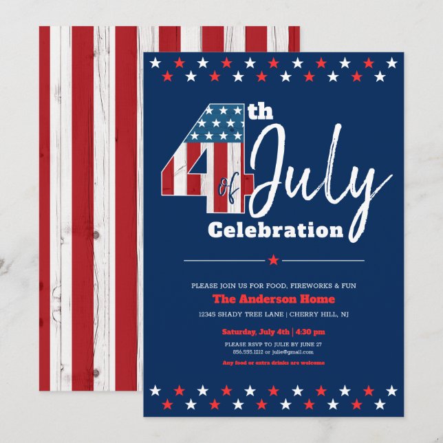 Invitación 4 de julio la bandera de los Estados Unidos de Amé (Anverso / Reverso)