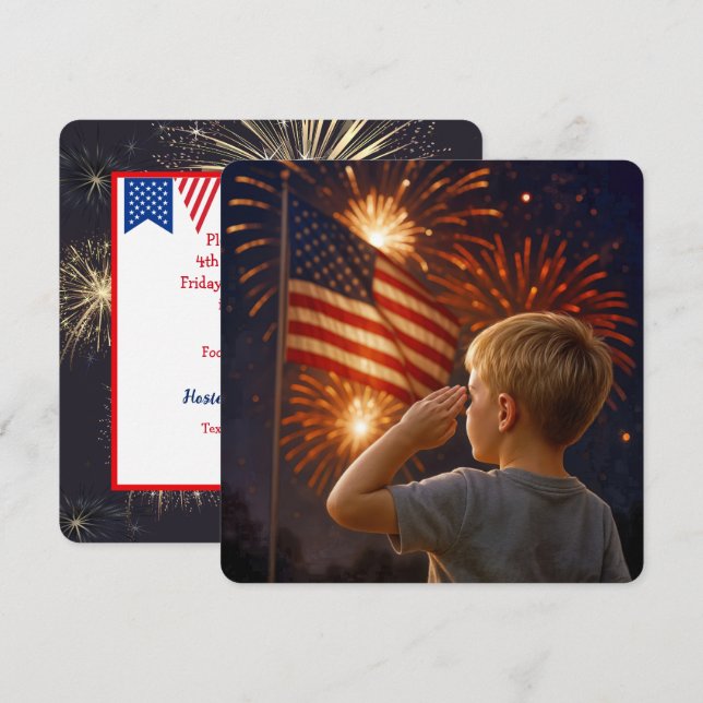 Invitación 4 de julio: Niño saludando la bandera (Anverso / Reverso)