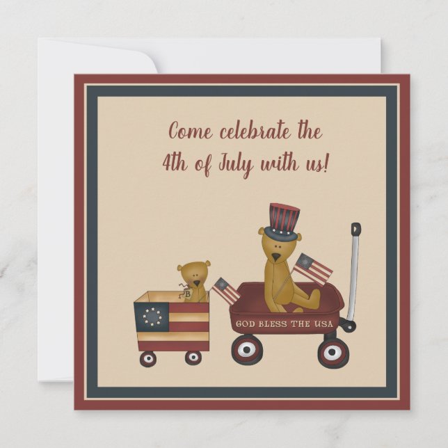 Invitación 4 De Julio: Oso De Teddy En El Fiesta Del Desfile (Anverso)