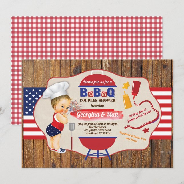 Invitación 4 de julio parejas de bebés duchan fiesta de barba (Anverso / Reverso)