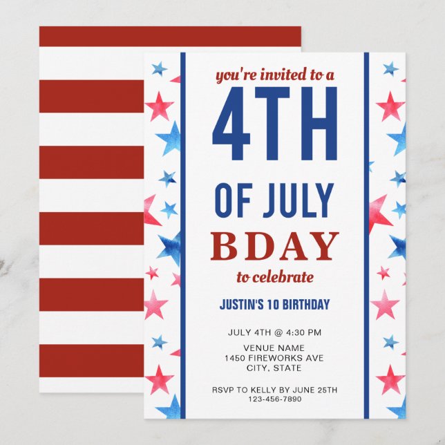 Invitación 4 de julio Partido del Cumpleaños Estrellas Patrió (Anverso / Reverso)