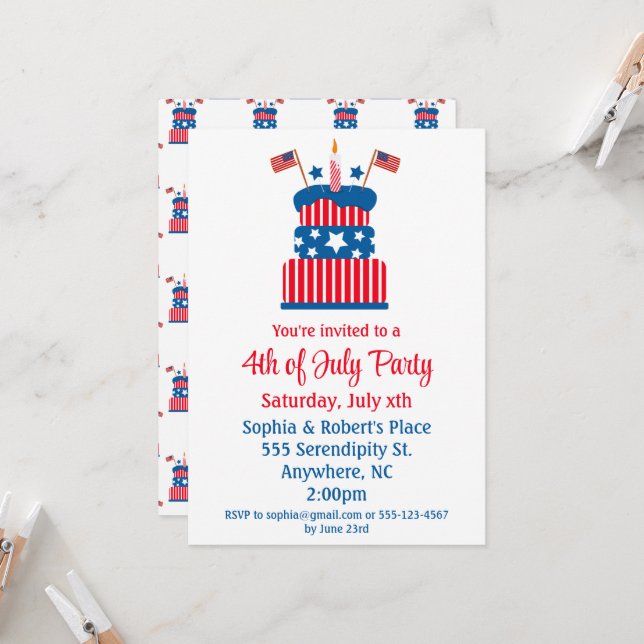 Invitación 4 de julio Pastel Fiesta rojo blanco y azul (Anverso/Reverso In Situ)