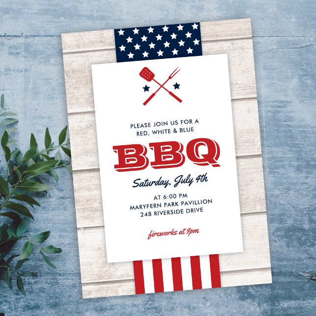 Invitación 4 de julio Patriótico BBQ Rustic Wood (Subido por el creador)