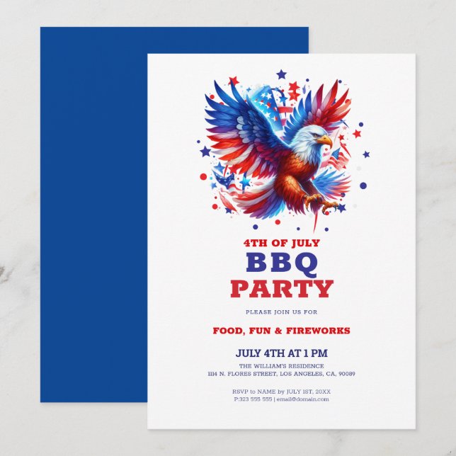 Invitación 4 de julio Patriótico Estadounidense Eagle BBQ Inv (Anverso / Reverso)