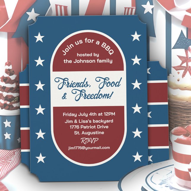 Invitación 4 de julio Patriótico Freedom Backyard Fiesta de b (Bold new 4th of July BBQ party invitations in classic, patriotic red, white and blue.)
