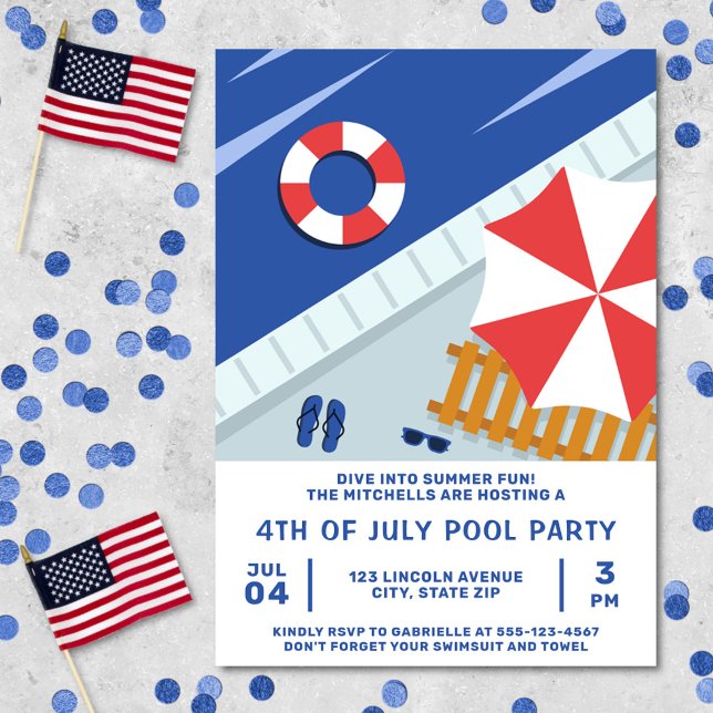 Invitación 4 De Julio Piscina Fiesta Rojo Blanco Y Azul (Fourth of July pool party invitation)