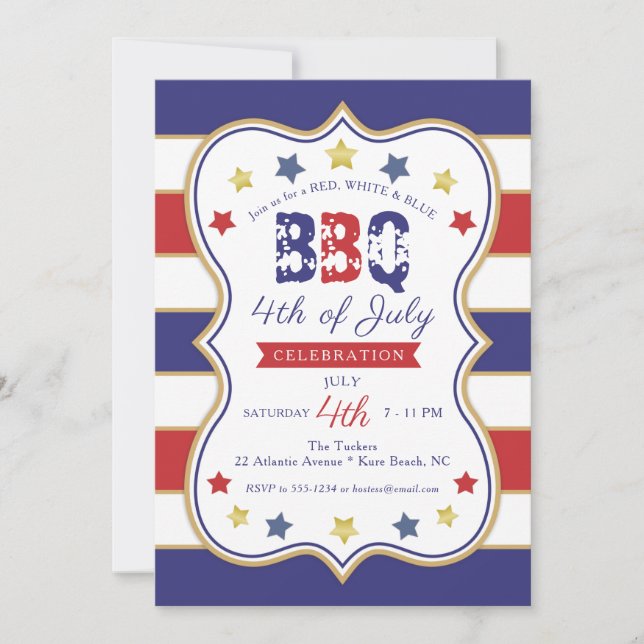 Invitación 4 de julio Red Blue Gold Stars Stripes BBQ Fiesta (Anverso)