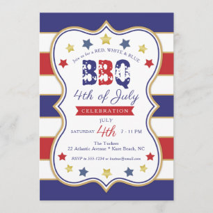 Invitación 4 de julio Red Blue Gold Stars Stripes BBQ Fiesta
