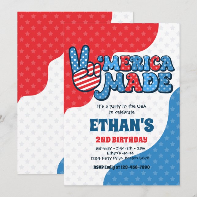 Invitación 4 De Julio Retro 'Merica Hizo Fiesta De Cumpleaños (Anverso / Reverso)