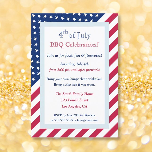 Invitación 4 de julio Rojo Azul Blanco Azul BQ Fiesta Estrell (4th of July Red White Blue BBQ Party Stars Stripes Invitation)
