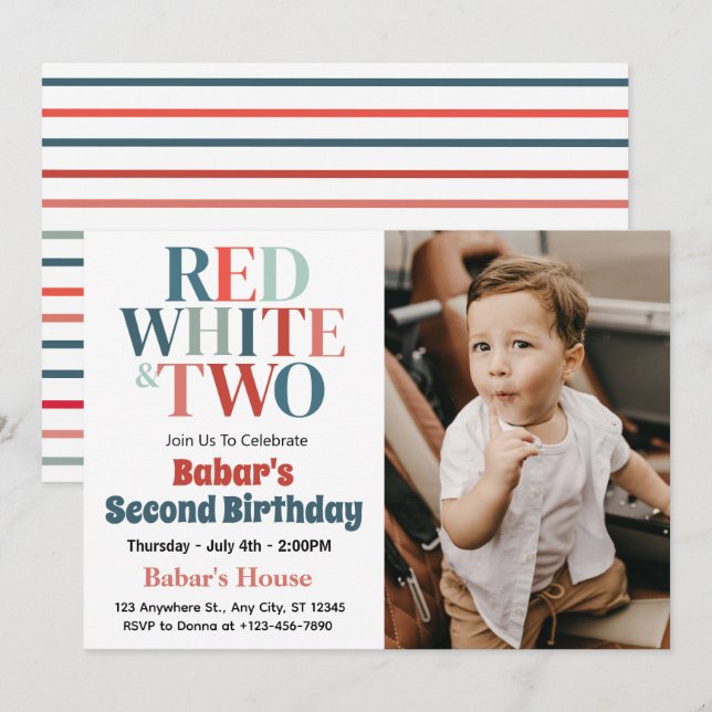 Invitación 4 de Julio Rojo Blanco y Dos Niño Cumpleaños 2  (Anverso / Reverso)