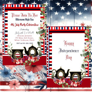 Invitación 4 de julio Stripes Vintage Tetera Tarde Alta Tea