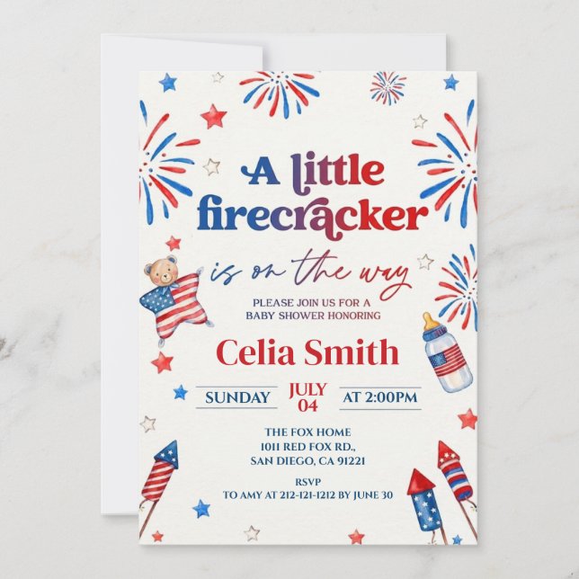 Invitación 4 de julio  una pequeña ducha de bebé Firecracker (Anverso)