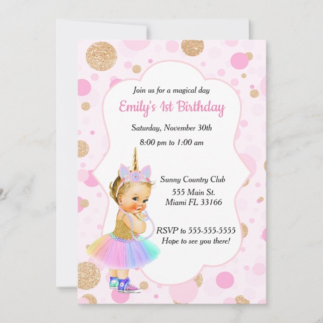 Invitación 4 del cumpleaños del bebé del unicornio (Anverso)