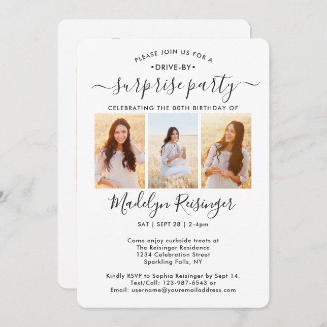 Invitación 4 desfile de fiestas de cumpleaños sorpresa por tr (Anverso / Reverso)