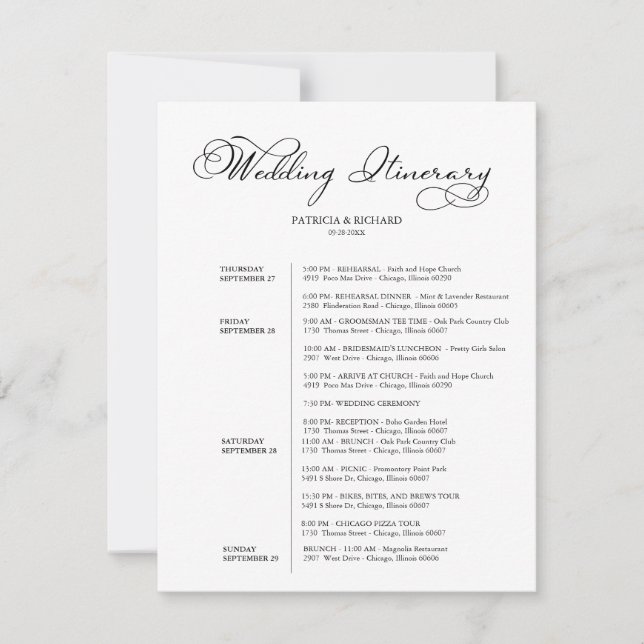 Invitación 4 días Boda Fin de Semana Guión Elegante Itinerari (Anverso)