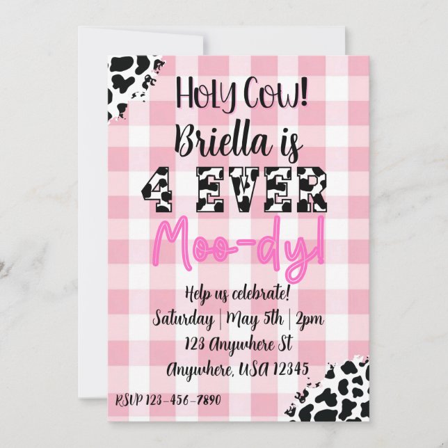 Invitación 4 Ever Moody Cow Fourth Birthday Invitation (Anverso)