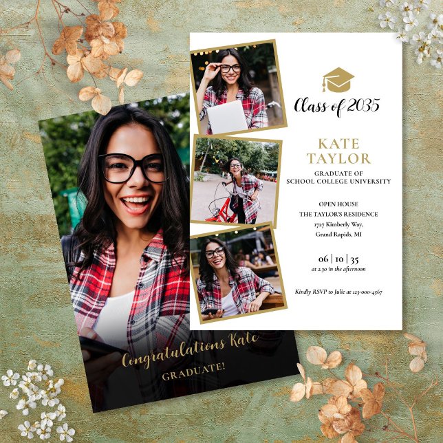 Invitación 4 Fiesta De Graduación De Oro Y Negro Fotográfico (4 Photo Black And Gold Graduation Party Invitation)