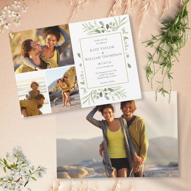 Invitación 4 Foto Botánica Verde Hojas Boda (4 Photo Botanical Greenery Leaves Wedding Invitation)