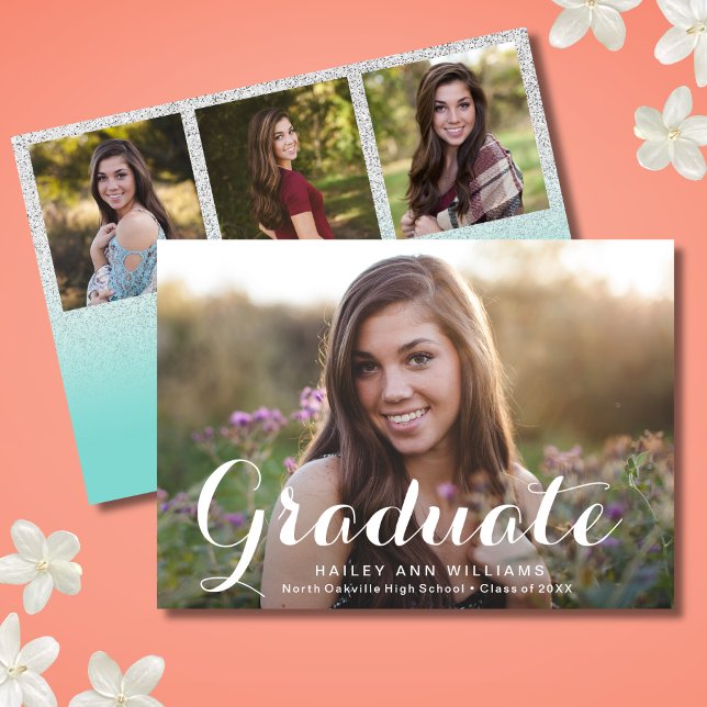 Invitación 4 Foto de la fiesta Verde azulada de graduación de (Teal Blue Graduation Invitation)