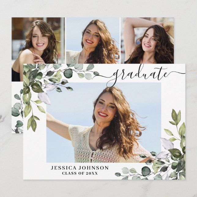 Invitación 4 Foto Eucalyptus Greenery Graduation Party (Anverso / Reverso)