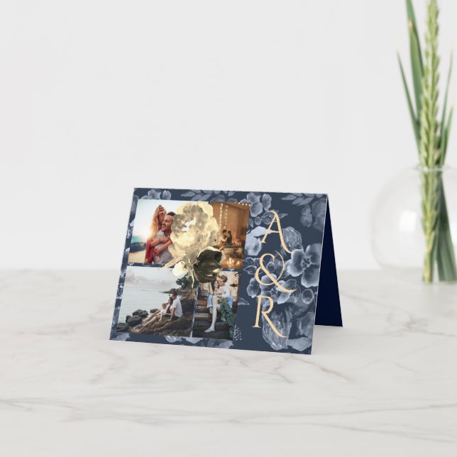 Invitación 4 fotos Boda azul marino y floral dorada (Anverso)