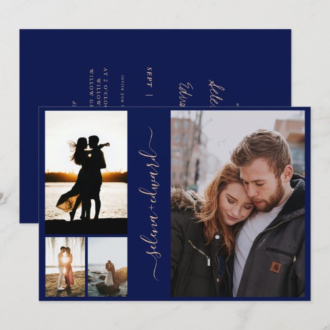 Invitación 4 fotos Boda de guiones azules y dorados de la Mar (Anverso / Reverso)