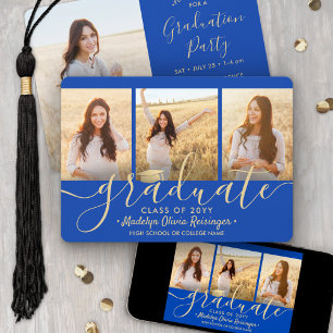 Invitación 4 Fotos Collage Fiesta de Graduación Azul Real y D