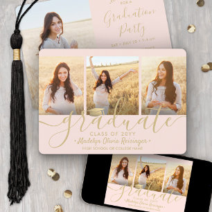 Invitación 4 Fotos Collage Fiesta de Graduación Rosa y Dorado