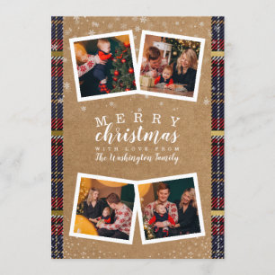 Invitación 4 Fotos Feliz Navidad Vacaciones en Kraft y Plai