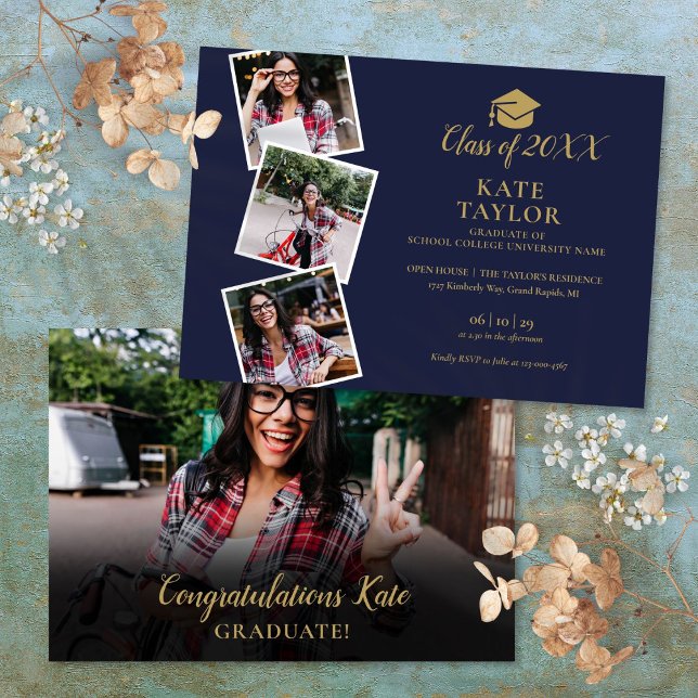 Invitación 4 Fotos Fiesta de Graduación Azul Marino y Dorado (4 Photo Navy Blue And Gold Graduation Party Invitation)