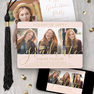 Invitación 4 Fotos Fiesta de Graduación Guión Rosa y Dorado