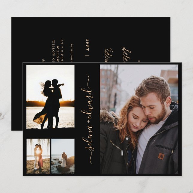 Invitación 4 Fotos Grid Black Gold Script Boda (Anverso / Reverso)
