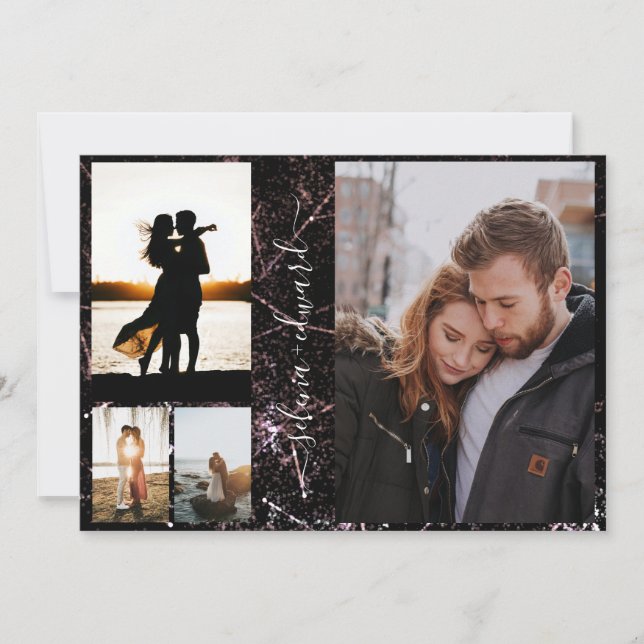 Invitación 4 Fotos Grid Gold Shining Purpurina Script Boda (Anverso)
