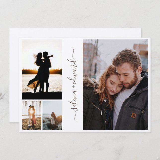 Invitación 4 Fotos Grid Metallic Silver Script Boda (Anverso / Reverso)