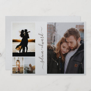 Invitación 4 Fotos Grid Metallic Silver Script Boda